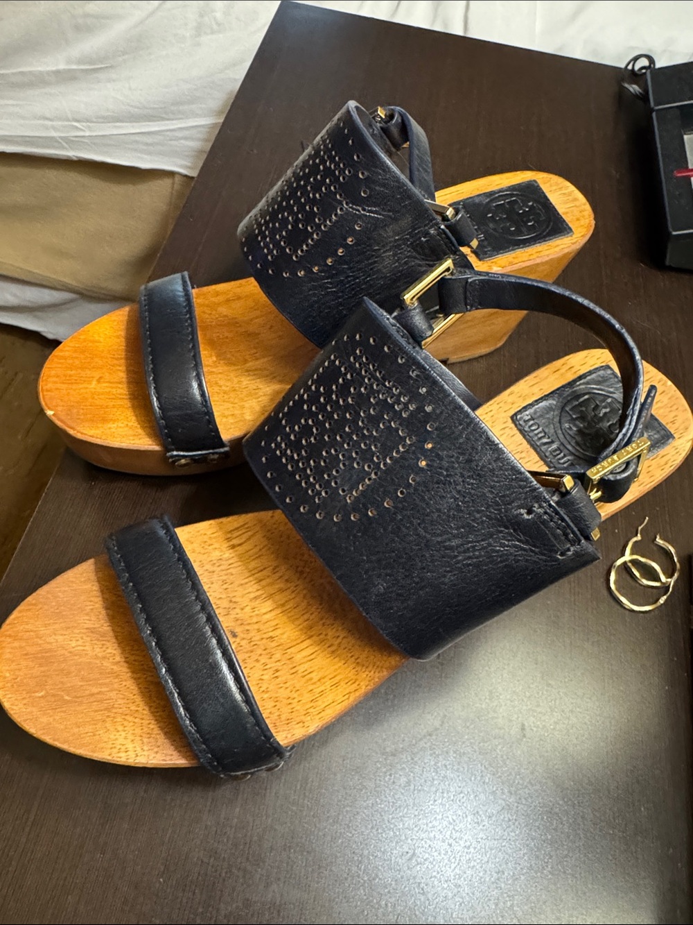 Tory Burch Black Leather Wood-Effect Wedge Sandals with Perforated Logo